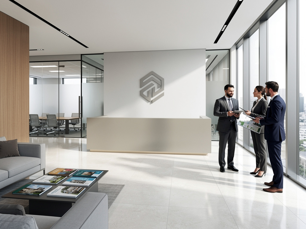 Recepción moderna de oficina corporativa con empresarios conversando junto a ventanales y sala de reuniones acristalada
