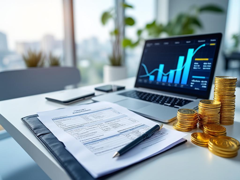 Moderno vestíbulo de oficina con recepción, plantas interiores y ventanas de vidrio que muestran un paisaje urbano.