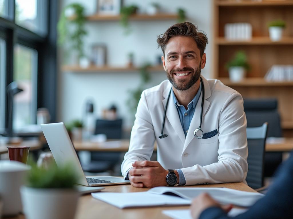 Smiling male doctor in white coat with stethoscope sitting at a desk in a modern office.
