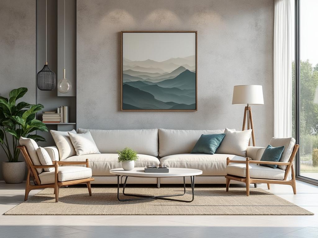 Sala de estar moderna con sofá beige, cojines azules, mesa de centro blanca y lámpara de pie, con planta decorativa y cuadro abstracto en la pared.