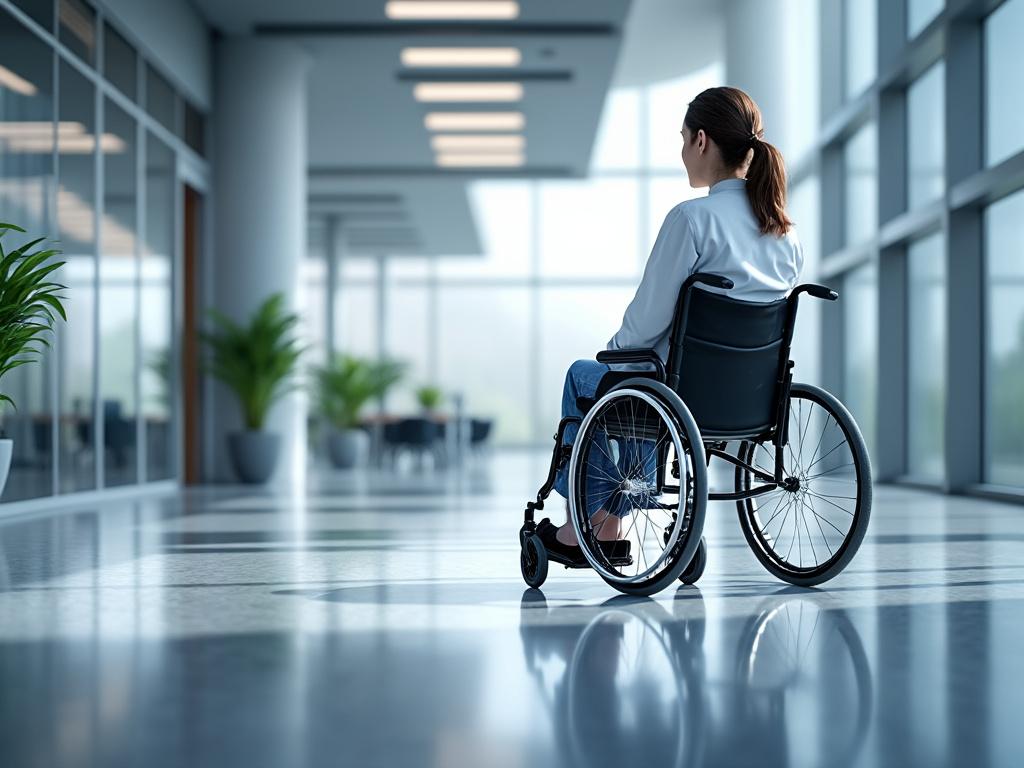 Mujer en silla de ruedas en un pasillo iluminado con plantas, reflejando accesibilidad en entornos interiores modernos.