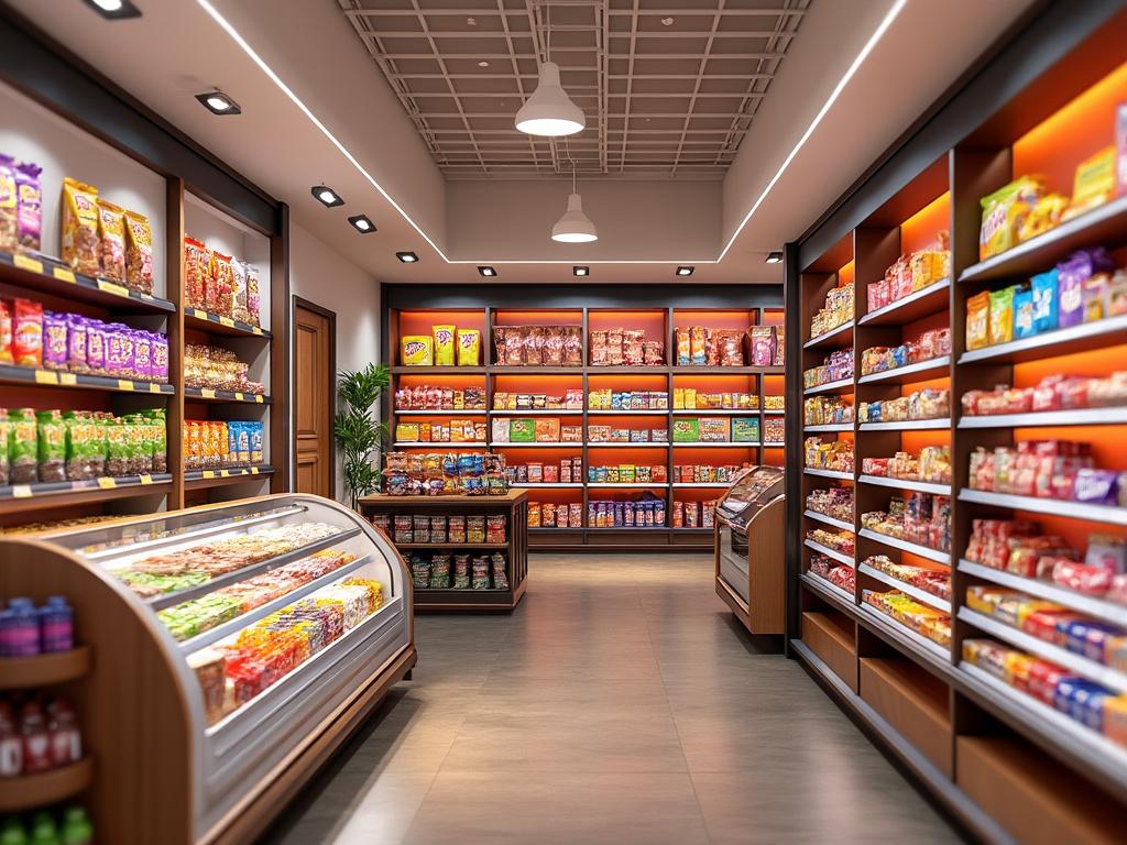 Interior de una tienda moderna con estanterías llenas de snacks y productos alimenticios diversos, iluminación cálida y diseño organizado.