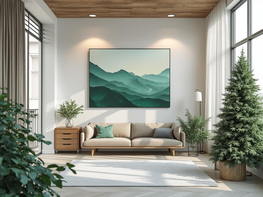 Sala de estar moderna con sofá beige, cuadro de montañas verdes, plantas y ventana grande con cortinas.