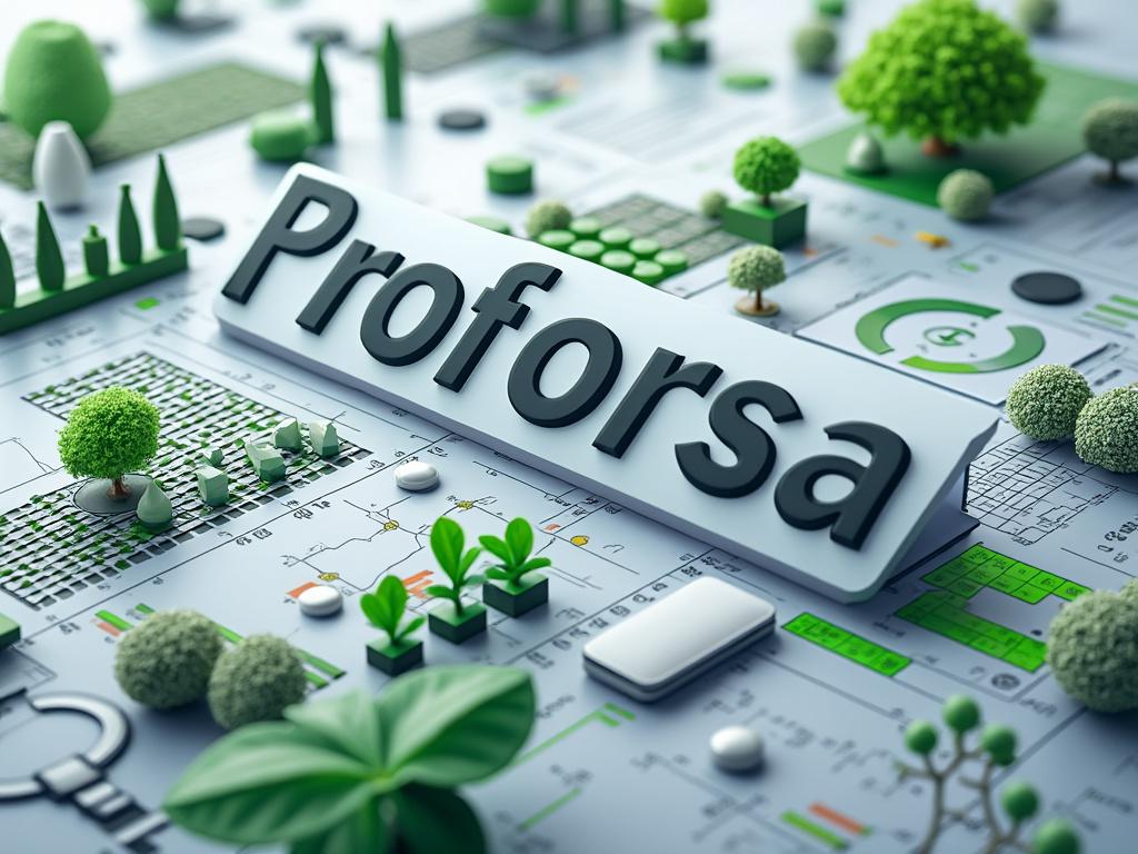 Muestra el texto 'Proforsa' en letras grandes sobre un fondo con gráficos y pequeñas plantas verdes, simbolizando sostenibilidad y crecimiento.