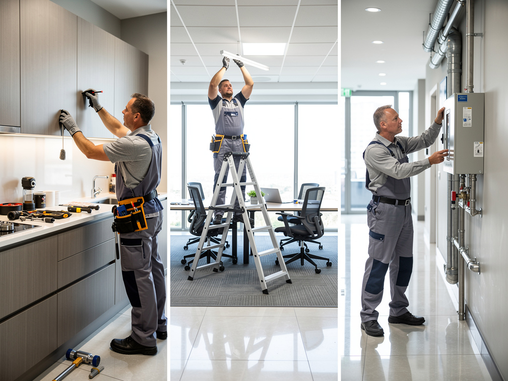 Técnico de mantenimiento realizando reparaciones eléctricas, instalación de luminarias y revisión de sistemas HVAC en oficinas modernas
