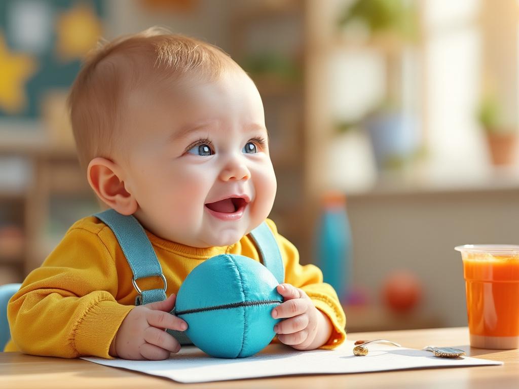 Bebé sonriente con suéter amarillo, sosteniendo una pelota azul en una mesa con jugo de naranja.