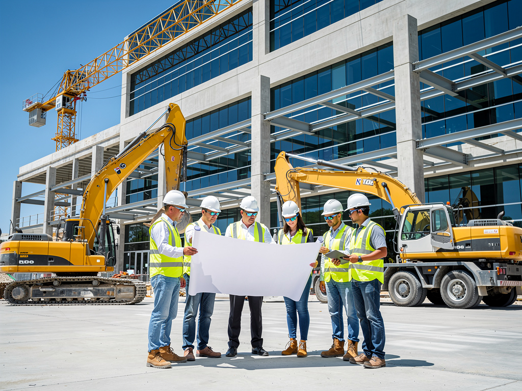 Equipo de construcción revisando planos frente a edificio moderno en obra con grúas y excavadoras amarillas