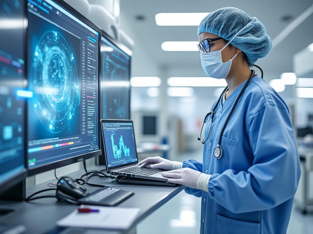 Profesional médico con mascarilla y bata azul revisando datos en múltiples pantallas en un entorno hospitalario.