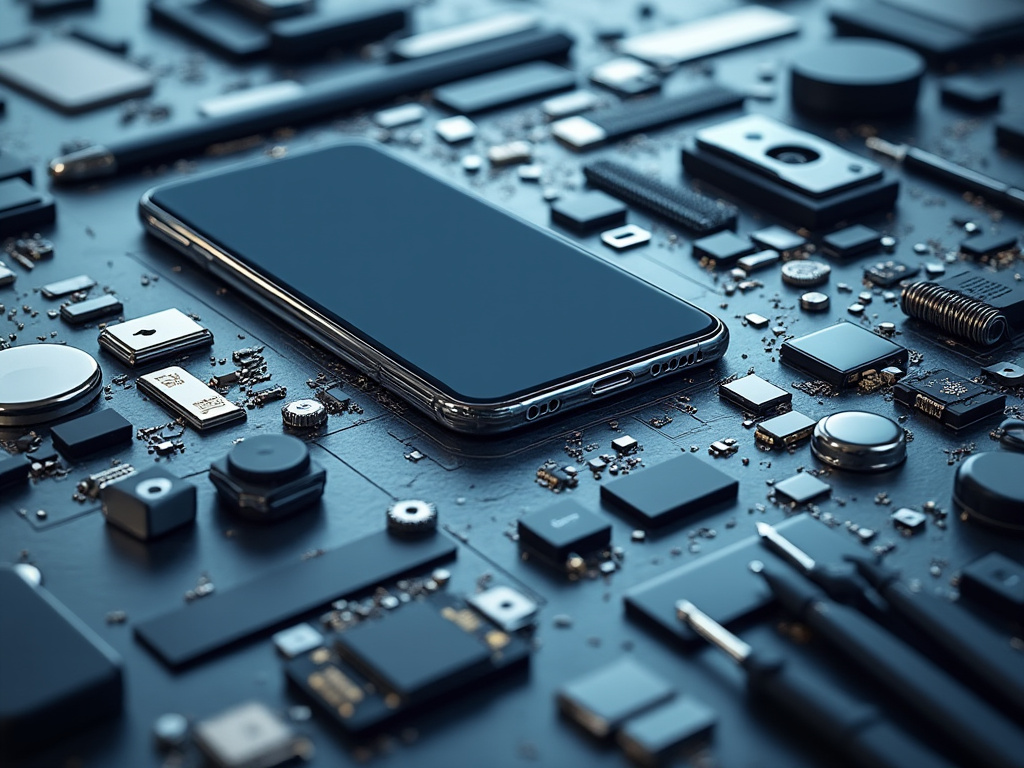 Teléfono inteligente sobre una placa base con componentes electrónicos.