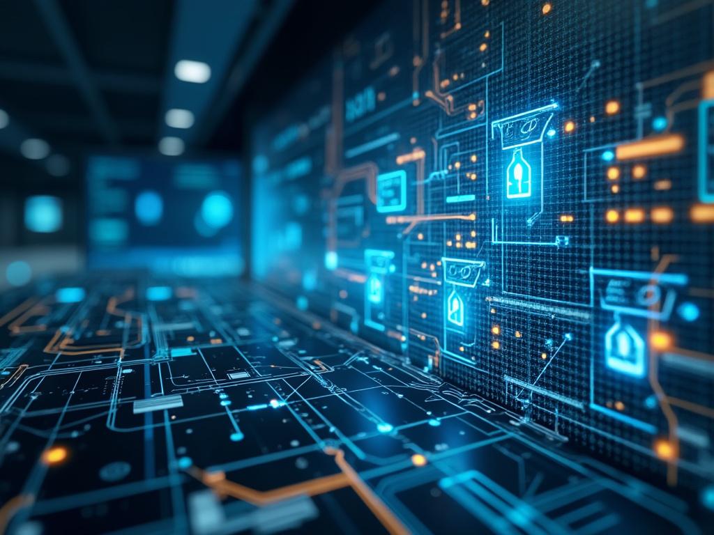 Representación digital del concepto de ciberseguridad con gráficos tecnológicos y símbolos de candado en azul.