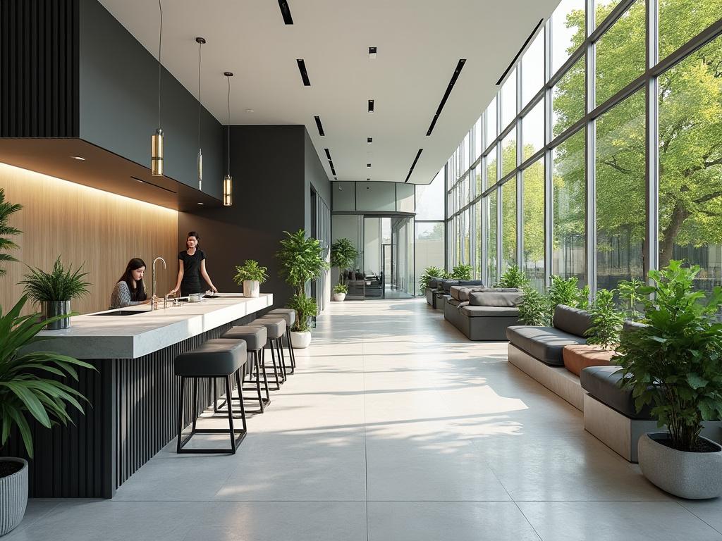 Moderna sala de descanso con ventanas de piso a techo, plantas decorativas, asientos cómodos y barra con personas conversando.