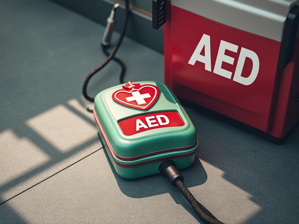 Close-up of portable AED unit and red equipment case on a gray floor with natural lighting.