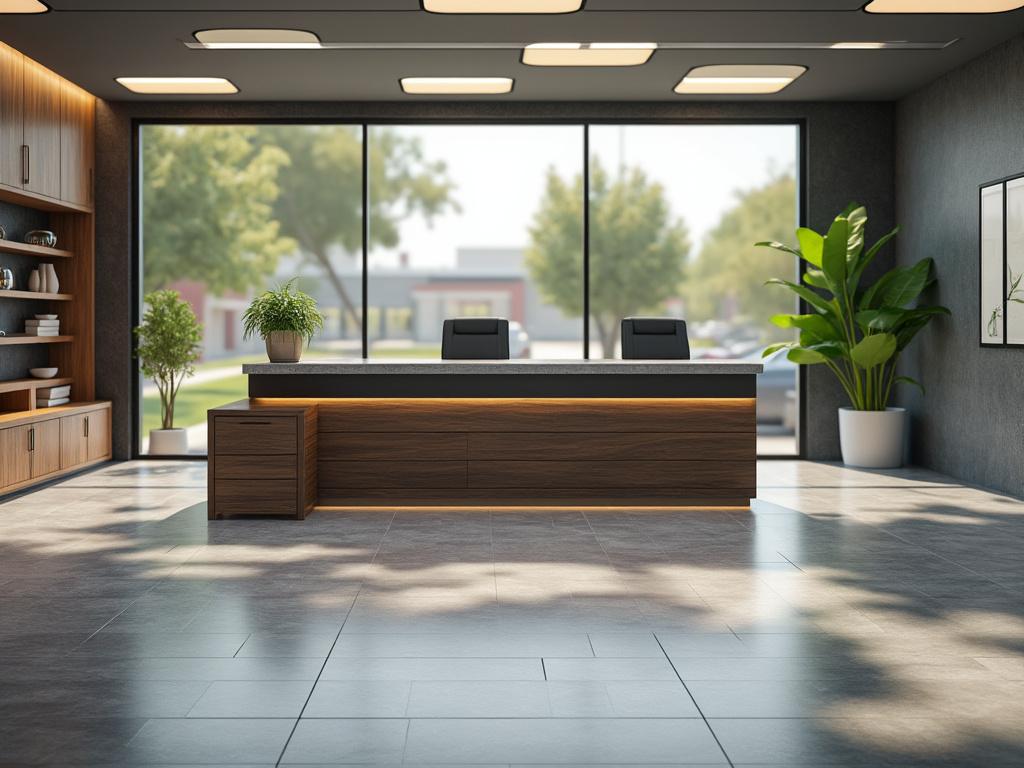 Modern office reception area with sleek wooden desk, large windows, potted plants, and shelving unit.