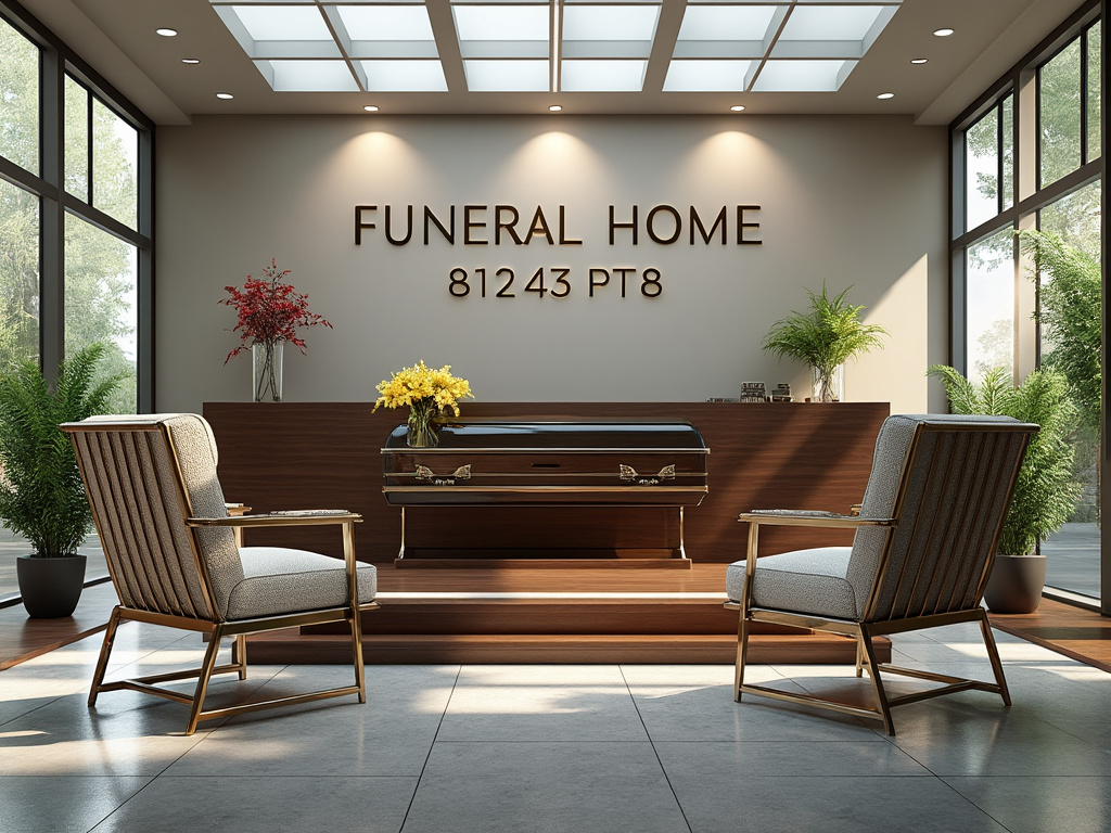 Sala de estar de funeraria con ataúd de madera, sillas acolchadas y plantas decorativas.