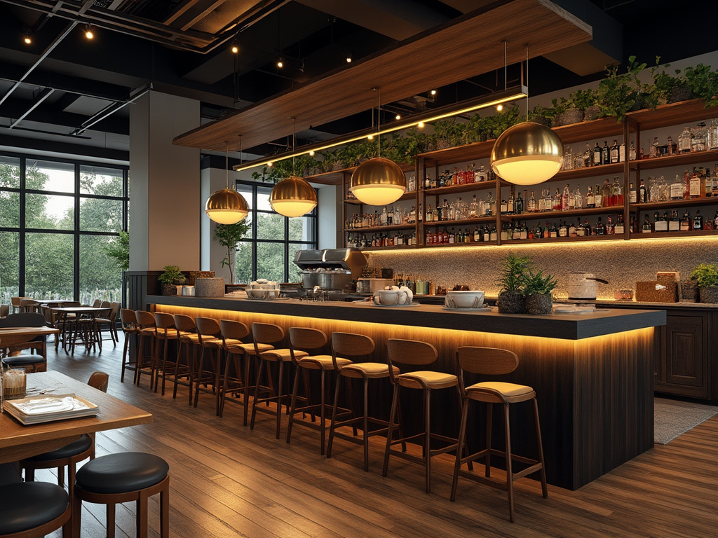Interior de una cafetería moderna con barra de madera, estanterías con bebidas y plantas decorativas, ventanas grandes y lámparas colgantes.