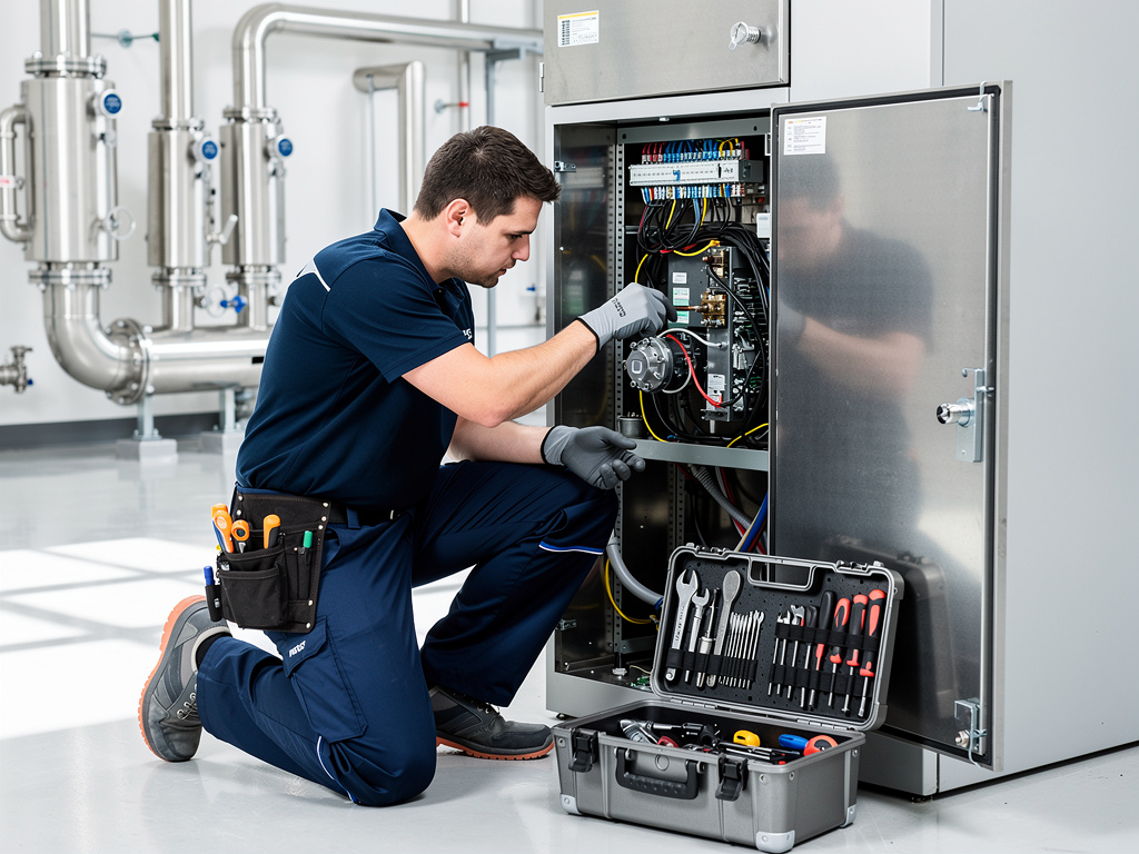 Técnico electricista reparando un cuadro eléctrico industrial con herramientas en sala de maquinaria