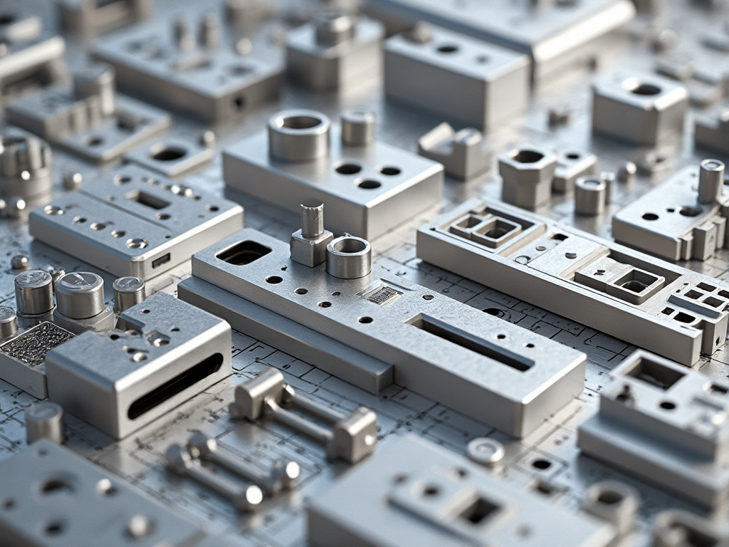 Precision machined metal components and industrial parts arranged on a technical engineering blueprint