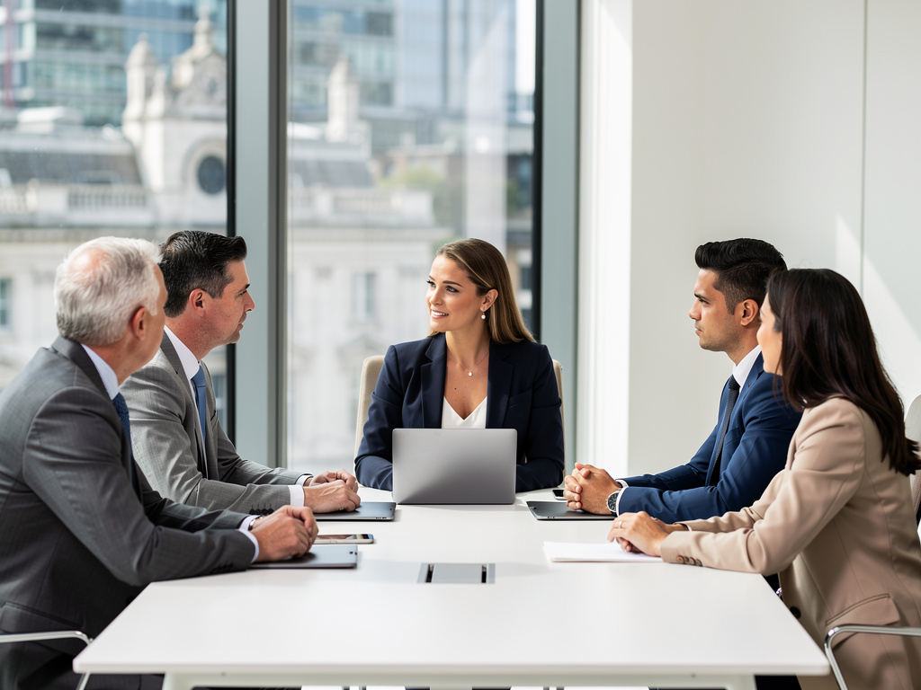 Business professionals in a modern office conference room discussing strategy around a meeting table