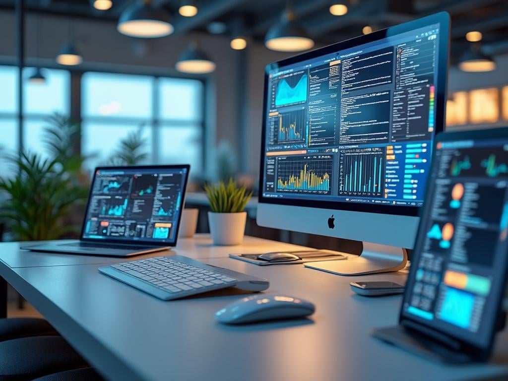 Modern office desk with a desktop computer, laptop, and tablet displaying various data analytics graphs and charts, surrounded by plants and ambient lighting.