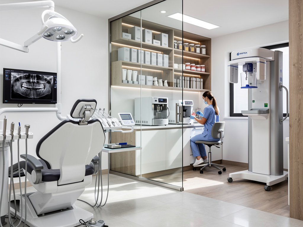 Clínica dental moderna con sillón odontológico, radiografía panorámica y profesional preparando material en laboratorio