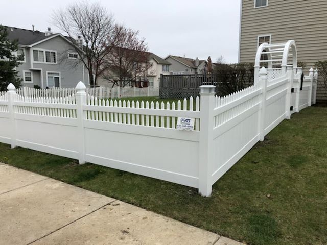 Custom Order white PVC fence with French Gothic Caps, Solar Caps and Arbor