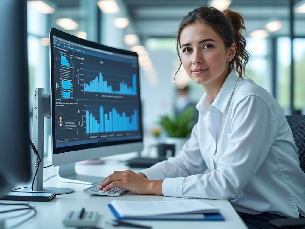 Mujer en oficina trabajando en computadora con gráficos y datos.