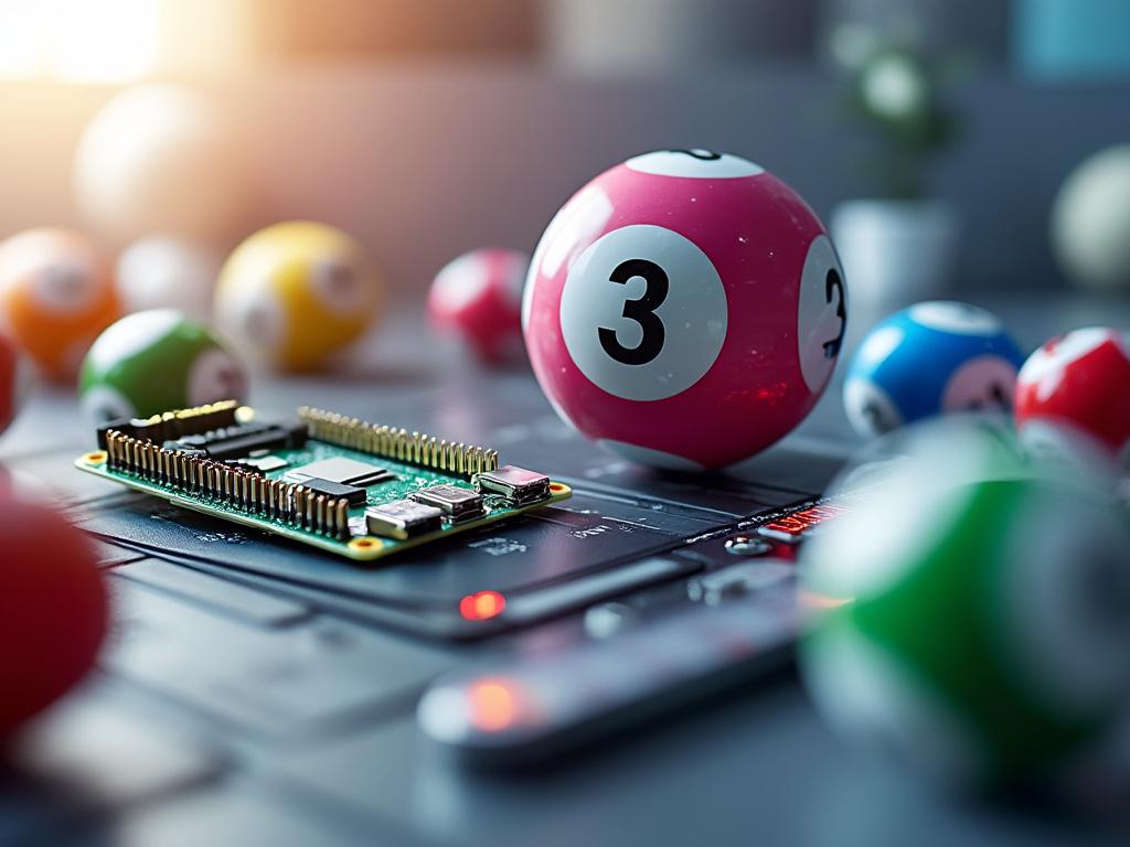 Close-up of a microchip on a circuit board surrounded by colorful lottery balls, with a prominent pink ball featuring the number three, under soft lighting.