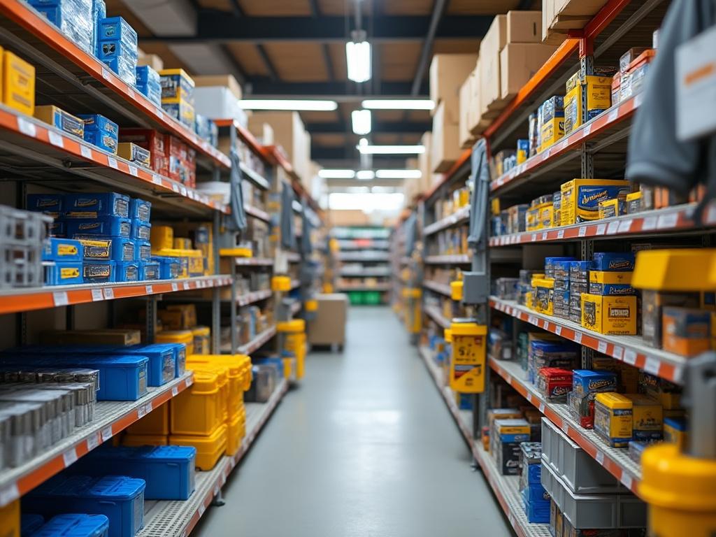 Pasillo de una tienda de herramientas con estantes llenos de cajas y suministros organizados.