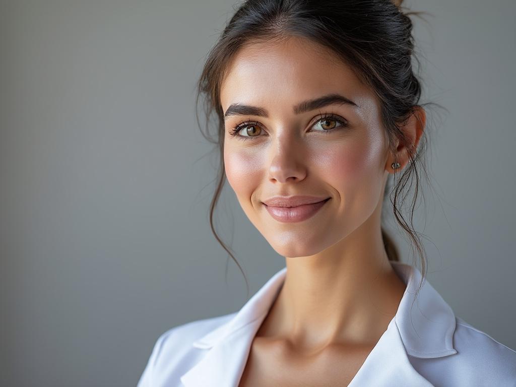 Retrato de una mujer sonriente con cabello recogido y blusa blanca.