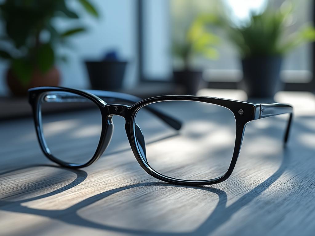 Gafas negras de marco rectangular sobre mesa de madera con plantas desenfocadas de fondo.