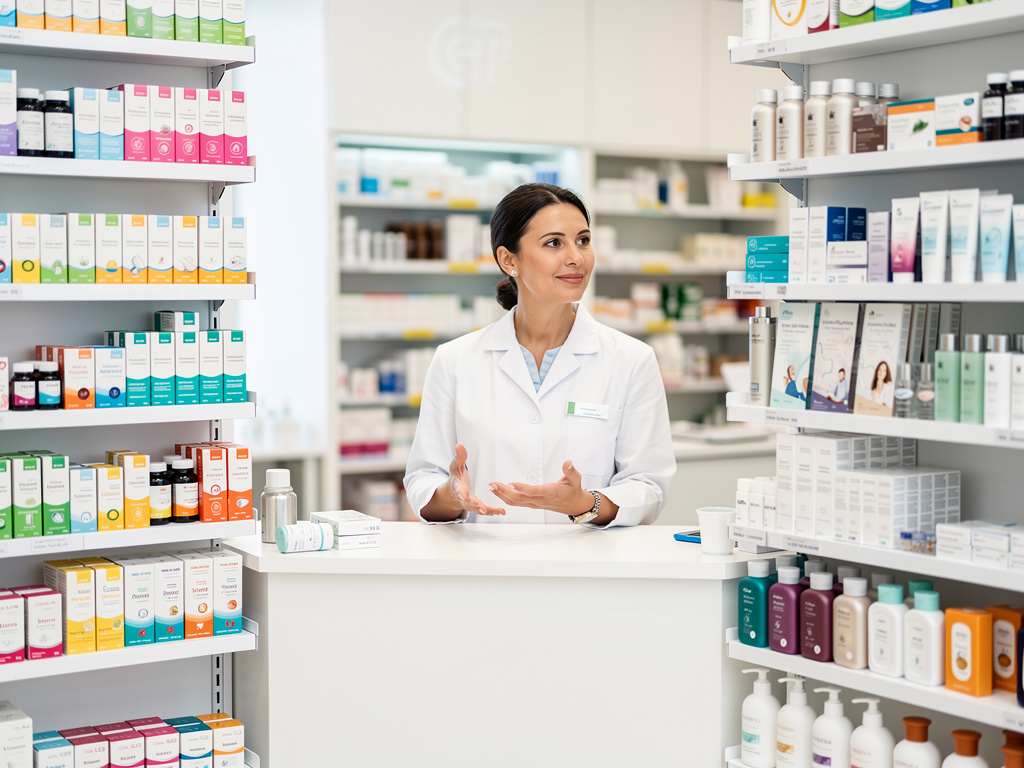 Farmacéutica atendiendo en mostrador de farmacia con estantes llenos de medicamentos y productos de cuidado personal