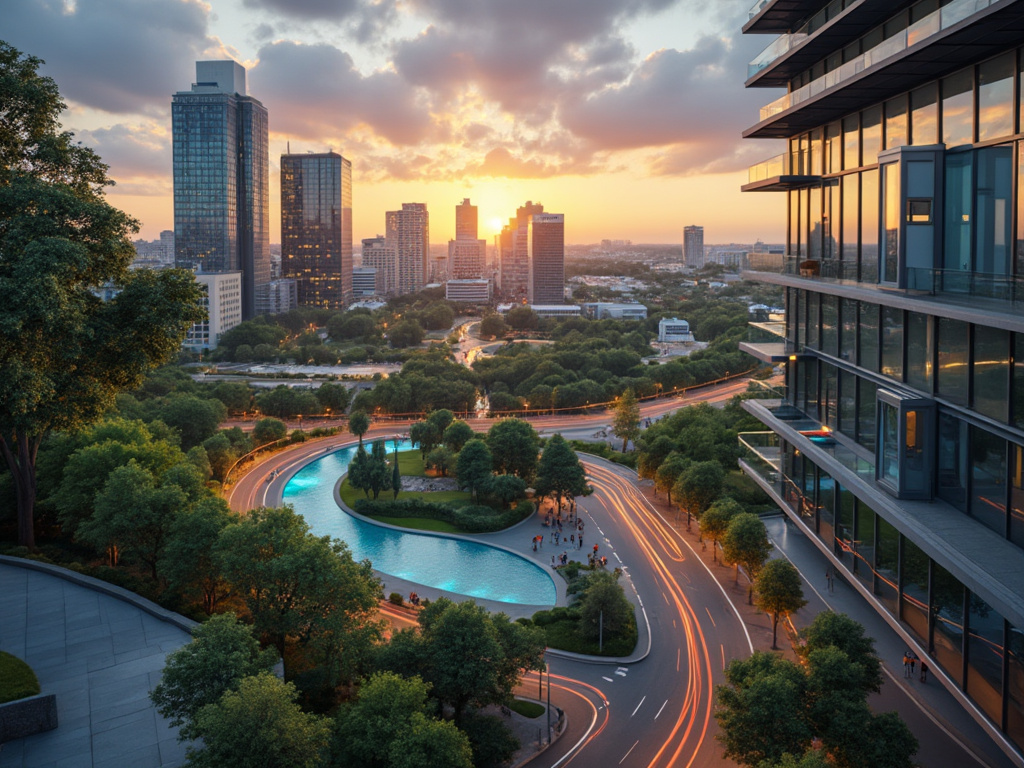 Sunset view over urban park with illuminated winding road, modern buildings, and reflective glass facade.