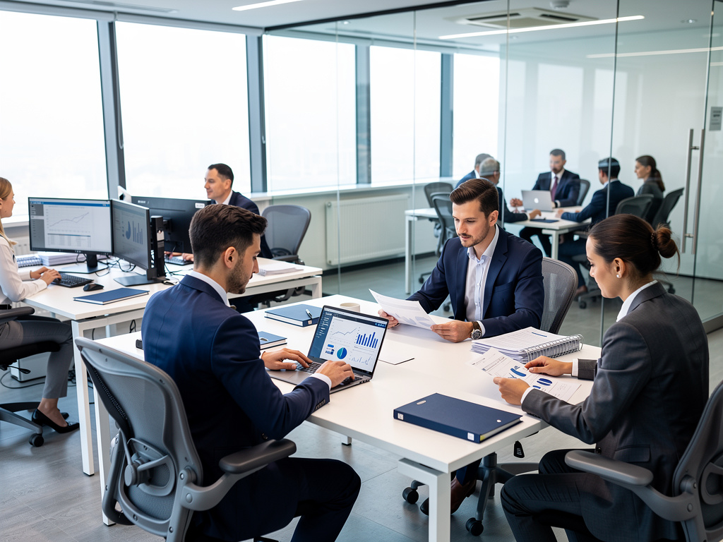 Equipo de profesionales en oficina moderna analizando gráficos financieros y documentos durante una reunión de negocios