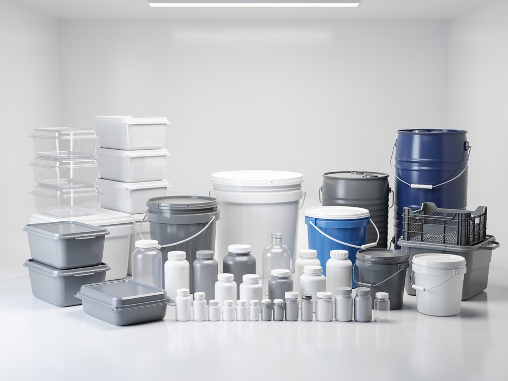 Variedad de envases plásticos industriales, cubos, bidones, botellas y contenedores de almacenamiento en estudio blanco