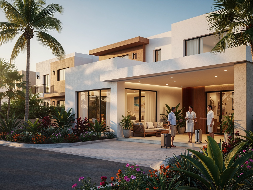 Entrada de hotel boutique moderno con palmeras, jardines tropicales y huéspedes con equipaje al atardecer