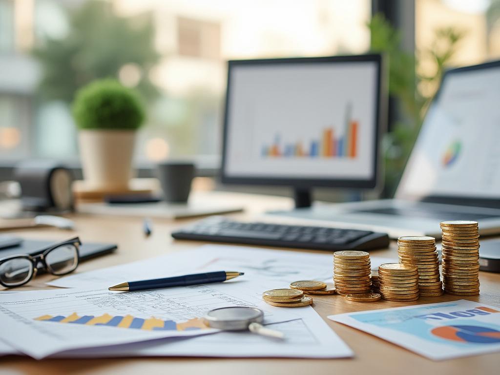 Escritorio con gráficos financieros, calculadora, gafas y pilas de monedas en oficina moderna.