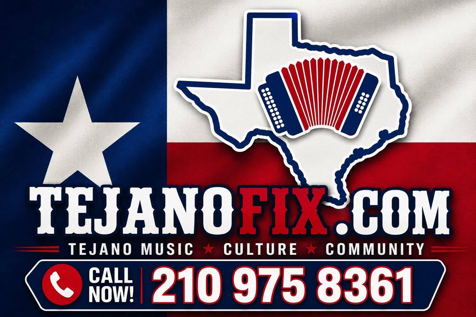 Texas state map outline with accordion graphic over Texas flag, promoting Up Coming Events on Tejanofix.com