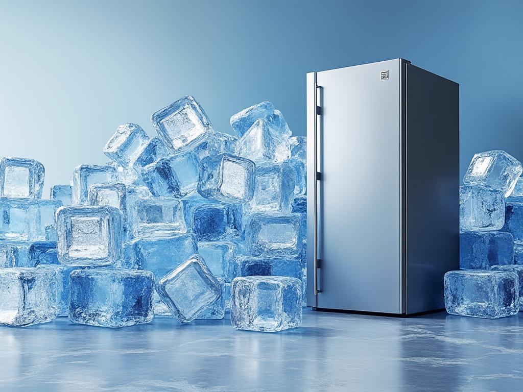 Refrigerador plateado rodeado de cubos de hielo grandes, sobre fondo azul claro.