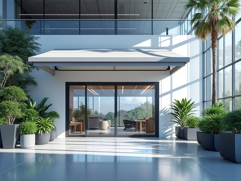 Entrada moderna de oficina con grandes ventanales, plantas en macetas y mobiliario minimalista en el interior. Entrada moderna de oficina con grandes ventanales, plantas en macetas y mobiliario minimalista en el interior.