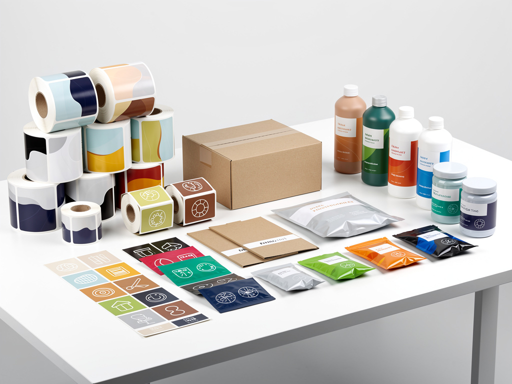 Materiales de embalaje personalizados con etiquetas adhesivas, caja de cartón, botellas, sobres y bolsas sobre mesa blanca