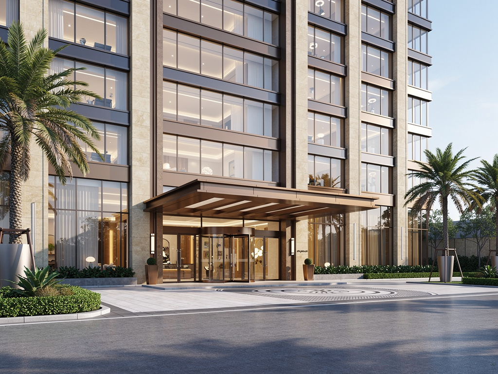 Entrada principal de edificio residencial moderno de lujo con fachada de cristal, marquesina y palmeras