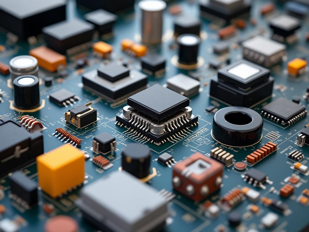 Close-up view of an electronic circuit board with various components including microchips, capacitors, and resistors.