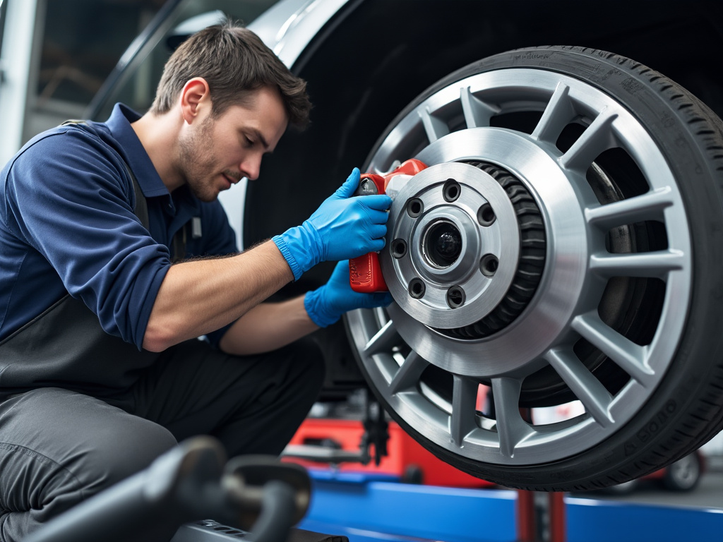 Mecánico revisando una llanta de automóvil con guantes azules.
