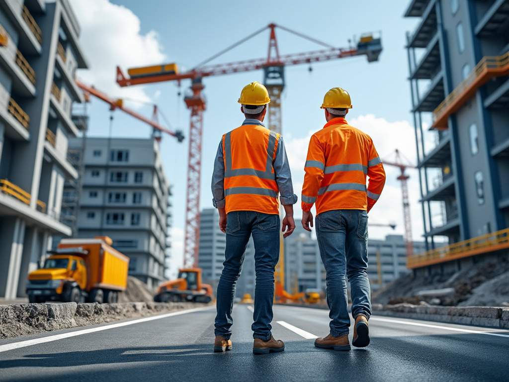 Trabajadores de construcción con cascos y chalecos reflectantes caminando en una obra urbana con grúas y edificios en construcción