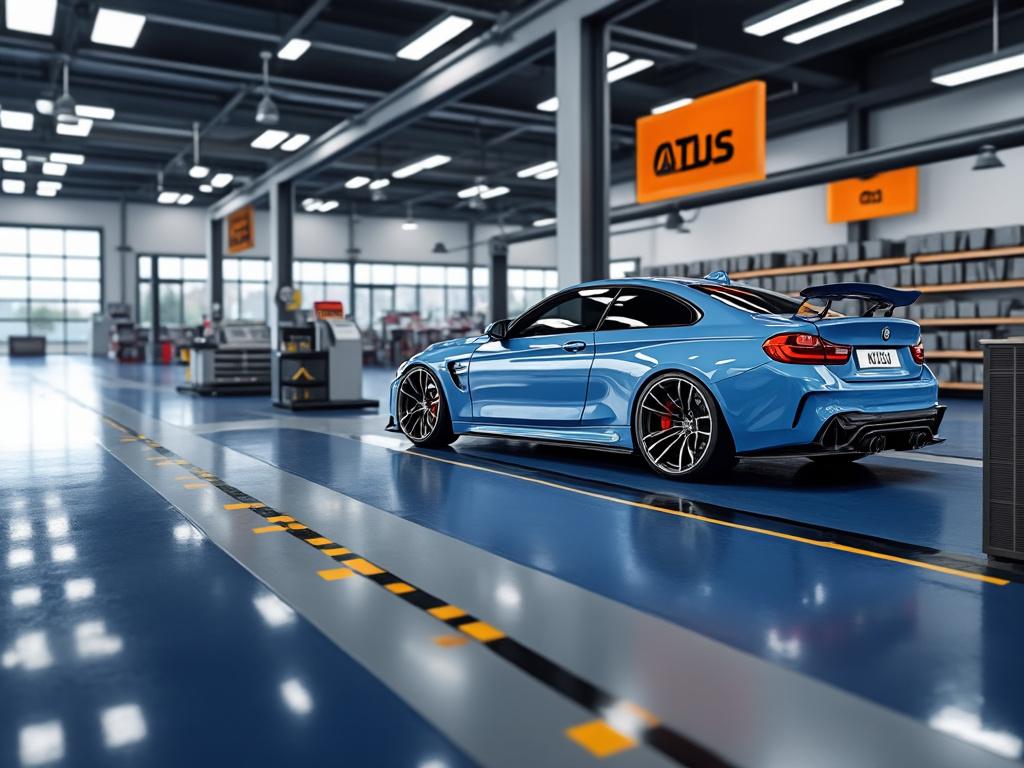 Coche deportivo azul en un taller moderno con suelo brillante, señalización de TJS y herramientas en el fondo.