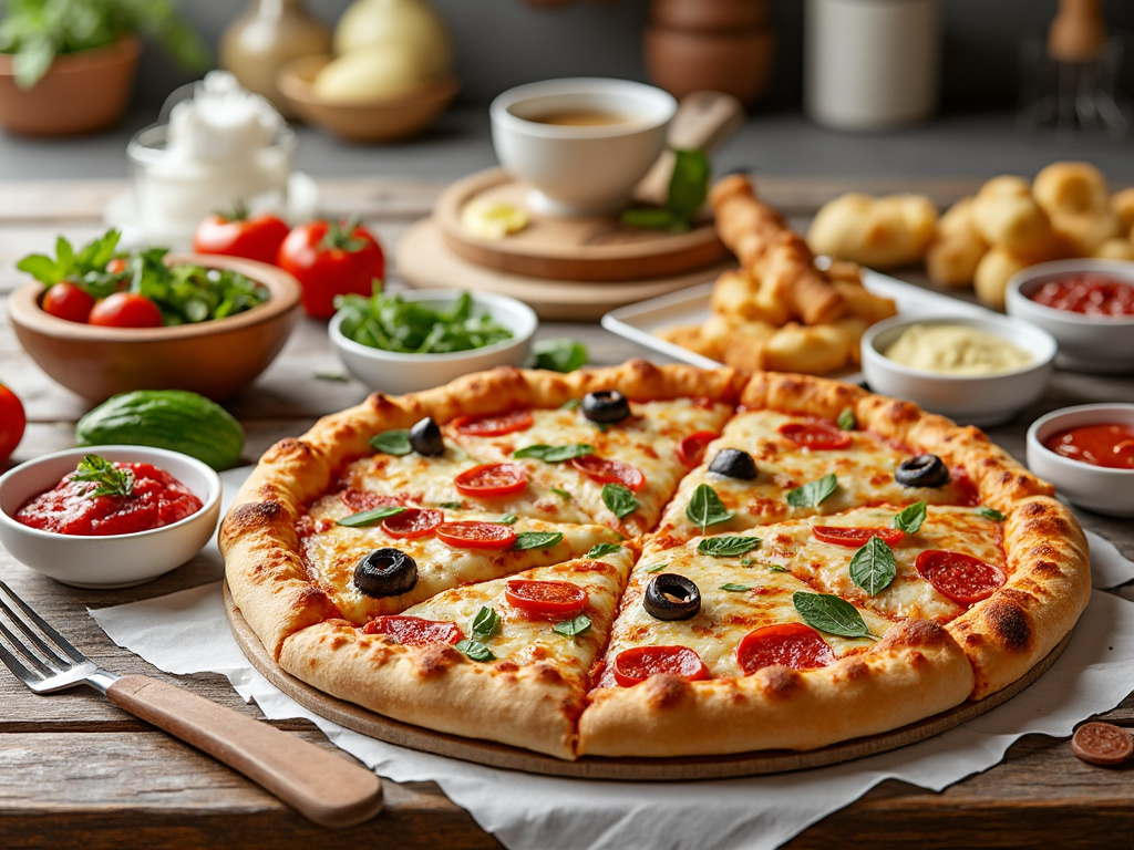 Pizza de pepperoni com azeitonas e manjericão, cercada por ingredientes frescos e molhos em um ambiente rústico.