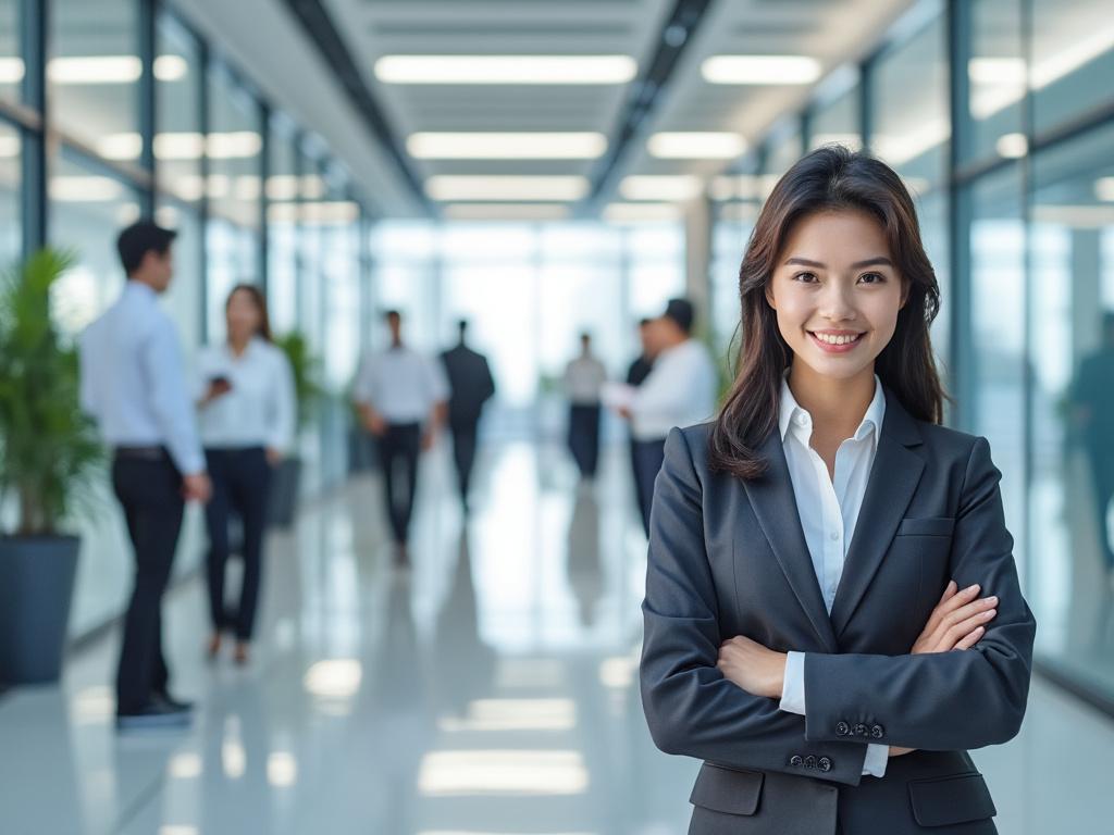 Mujer de negocios sonriendo en pasillo de oficina moderna con colegas al fondo.
