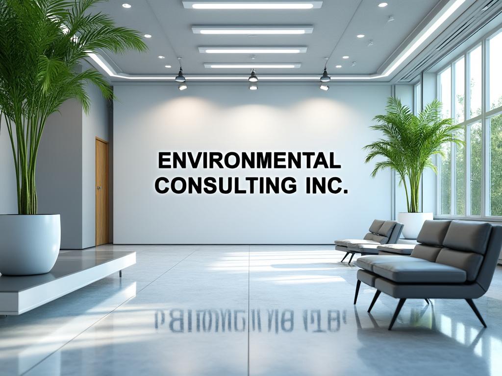 Oficina moderna con el texto 'Environmental Consulting Inc.' en la pared, plantas decorativas y sillones grises en un espacio iluminado por luz natural.