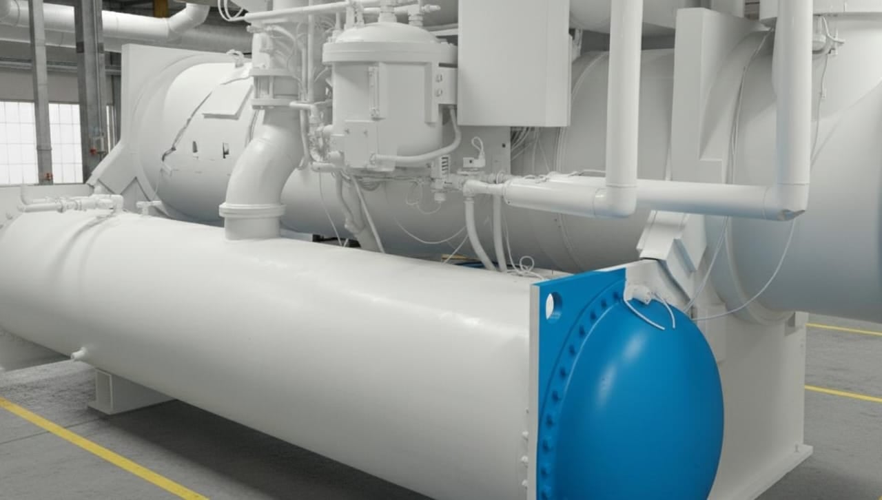 Imagen de un sistema industrial de tuberías y tanques blancos en una instalación, con un extremo azul visible.