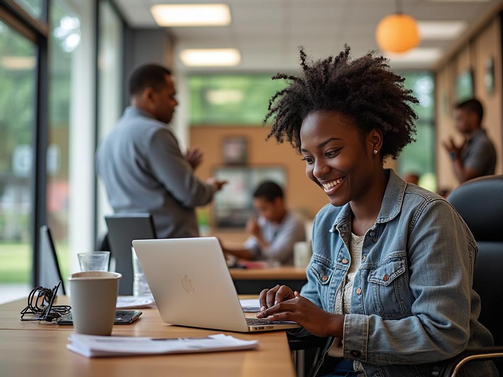 Smiling woman working on a laptop in a modern office with colleagues in the background.